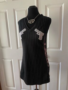 Y2k SoCal Black & Pink Pinstriped Jersey Dress with Glock Design